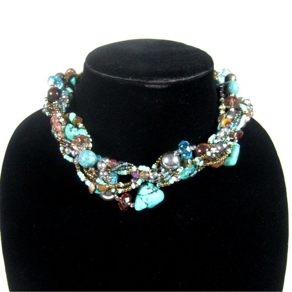 Set 3 Necklace  18 in Earrings Silvertone Multi- Strand Beaded Faux Stone Plasti - Picture 7 of 12